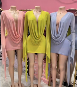 PEEQI HR26101 Abito da Donna Primaverile alla Moda, in Rete Trasparente con Scollo a V Profondo, Schiena Scoperta, Maniche Lunghe a Campana, <span class=keywords><strong>Vestito</strong></span> Avvolgente Mini - Product Image 2