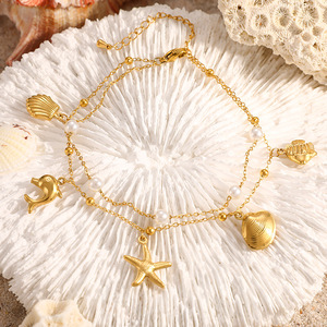 Tobillera de Doble Capa con Temática Oceánica, con Dijes de Perla, Concha y Estrella de Mar, Chapada en Oro, de Acero Inoxidable, Estilo Vacaciones en la Playa para Mujer - Product Image 3