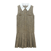Robe midi sans manches à carreaux pour femmes - Col blanc amovible et design à boutons dorés avec ourlet plissé - Élégante pour le bureau/occasionnel