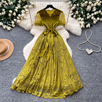 Robe midi élégante vintage en dentelle ajourée pour femme, à manches courtes, avec ceinture à la taille, robe d'été