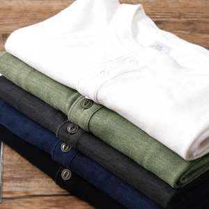 OEM Americana Style Heavyweight Slub Cotton Men's <strong>Short</strong> <strong>Sleeve</strong> TShirt Henley Collar Retro Loose Fit Soft <strong>Base</strong> <strong>Layer</strong> - Product Image 4