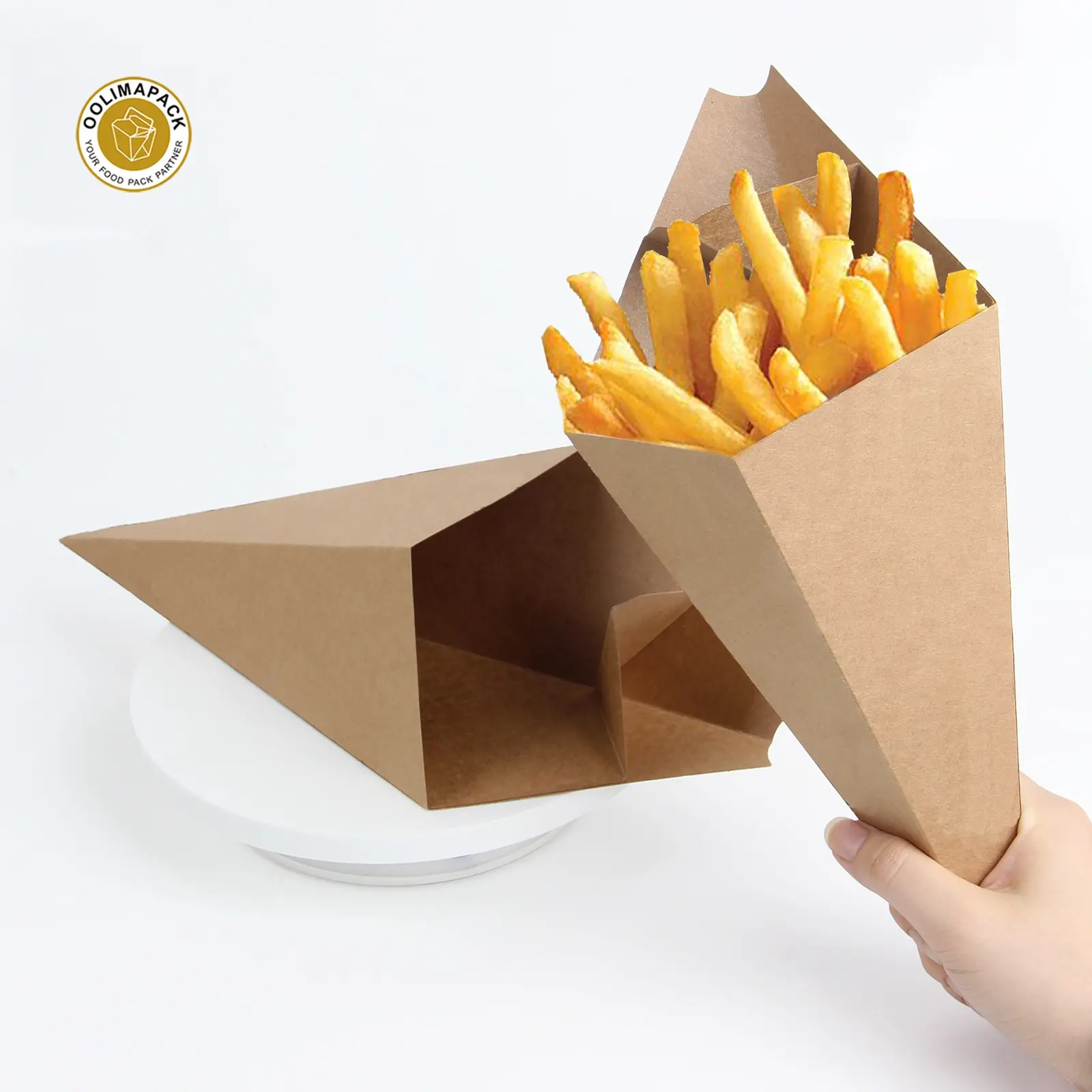 Cône en papier cartonné à usage unique, pour frites, avec plateau à sauce, pièces