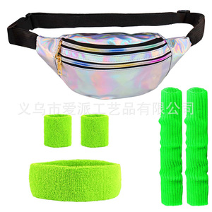 1980s Retro Party <b>Yoga</b> Sports Headband Wristband Leg Sleeves Waist Bag Set Fashion Costume Props Birthday <b>Gift</b> - Product Image 3