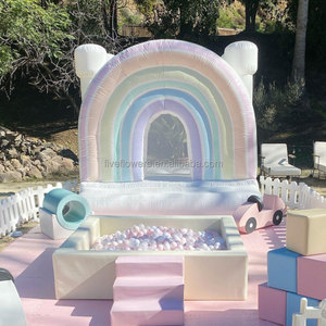 Château gonflable nuage blanc arc-en-ciel neutre avec piscine à balles, petit château gonflable en PVC, aire de jeux souple pour enfants en extérieur - Product Image 2
