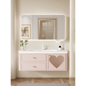 Modern MDF Pink Bathroom Vanity Combo with Ceramic Basin Wall-Mounted LED Mirror Customizable for Apartment & Hospital Use - Product Image 2