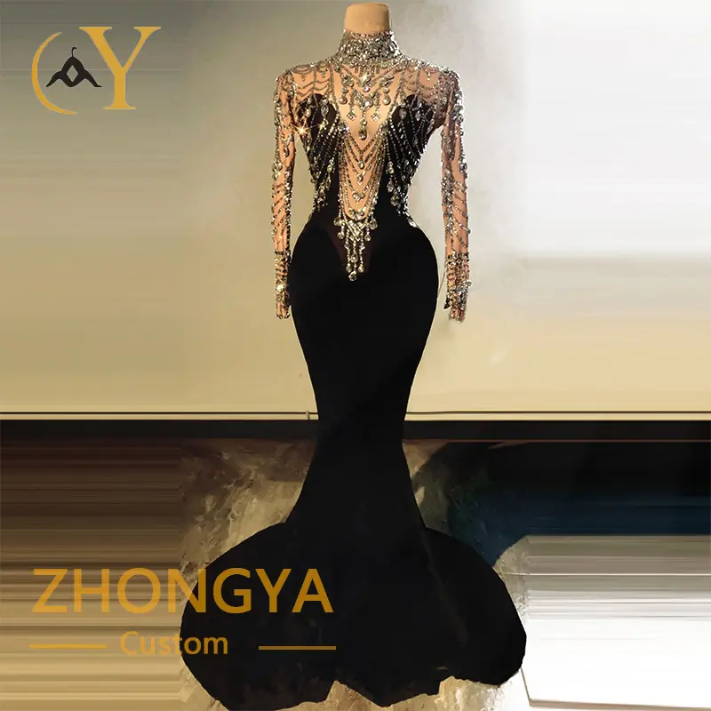 Custom Luxury Diamond Black Women Party Crystal Dresses Long Women Evening Elegant Gown Dress