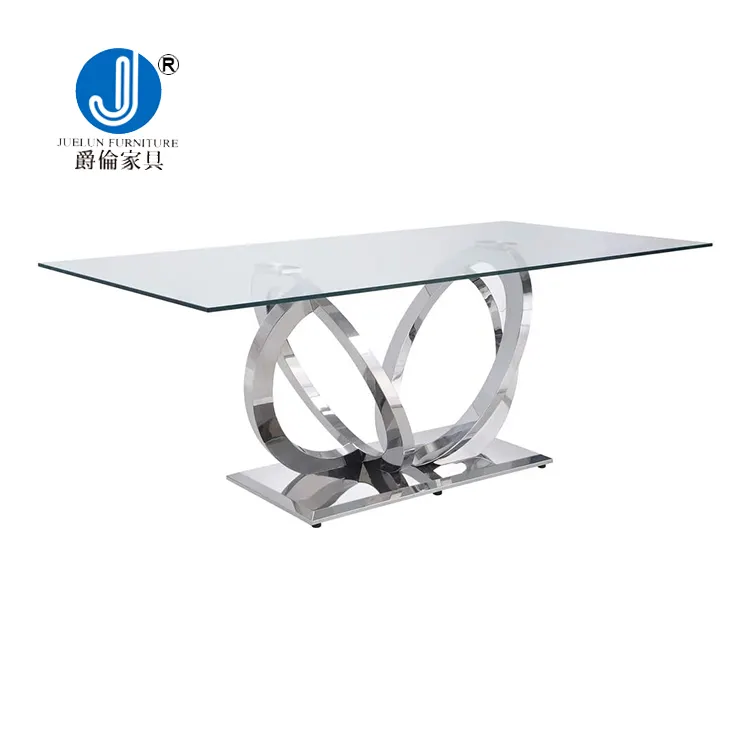 Sıcak satış lüks yemek odası mobilyası yemek masası setleri Metal paslanmaz çelik cam yemek masaları