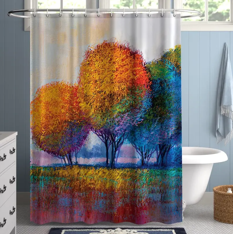 Colorful tree digital printed recycled waterproof polyester shower curtain with hooks