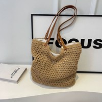 Sac de plage décontracté en coton tissé ajouré à fermeture éclair, petit format, style décontracté, pour femme, idéal pour les vacances à la mer