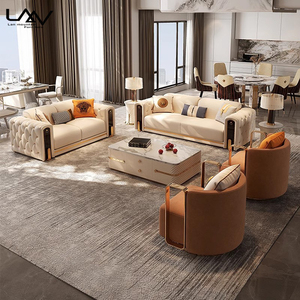 Salon moderne haut de gamme ensemble de canapés de luxe 3 + 2 + 1 salon de style design avec cadre en bois canapé en cuir beige meubles - Product Image 4