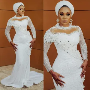 Vestidos de Novia Sirena Talla Grande Aso Ebi, Vestidos de Novia con Cuello Alto, <span class=keywords><strong>Lentejuelas</strong></span>, Encaje y Perlas Decorativas para Bodas Africanas - Product Image 5