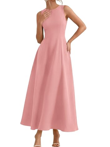 Robe midi élégante rose sans manches coupe trapèze en mousseline de soie couleur unie, robe de cocktail coupe droite taille naturelle - Product Image 1