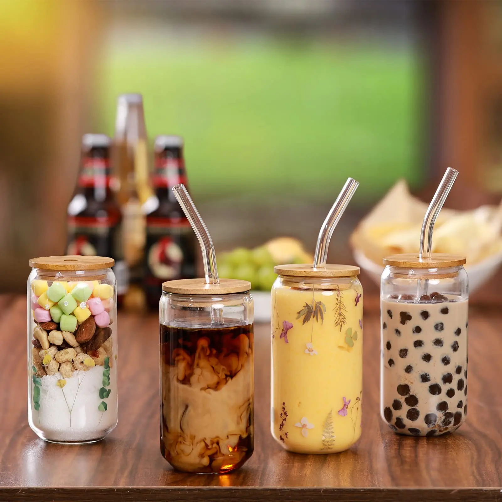 Grosir 16oz dapat berbentuk gelas minum cangkir Tumbler dengan tutup bambu dan sedotan kaca untuk jus minuman susu