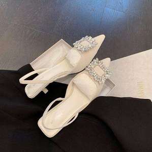 Women's <b>Pointed</b> Toe Heels Crystal Buckle Heeled Shoes Fashion Rhinestone Slingbacks Short Heel Sandals - Product Image 4