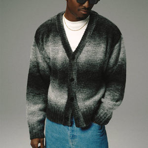 Manufacturer Custom Logo Embroidery Wool Blend Brushed Gradient Vintage Fuzzy Striped Knitted <b>Cardigan</b> <b>Sweater</b> - Product Image 4