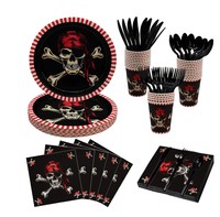 144 pièces crâne fête d'anniversaire fournitures sert 24 assiettes de pirate jetables serviettes tasses et coutelier squelette décorations de fête