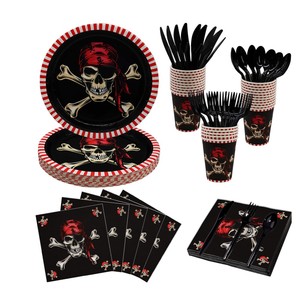 144 pièces crâne fête d'anniversaire fournitures sert 24 assiettes de pirate jetables serviettes tasses et coutelier squelette décorations de fête - Product Image 5