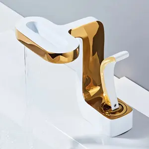 New Design Luxury White Gold Basin Waterfall Faucet Undercounter Creative Art Basin Sink Faucet Copper Bathroom Tap Mixer