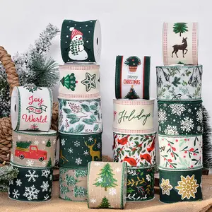 Ribest 휴일 유선 가장자리 선물 리본 크리스마스 트리 파티 장식 선물 포장 2.5 인치 인쇄