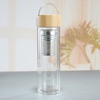 Bouteille en verre à double paroi sans BPA avec poignée et couvercle en bambou, personnalisable avec logo, portable, anti-fuite, saine pour le bureau
