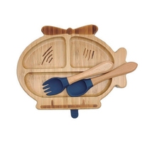 Ensemble de vaisselle pour enfants en bambou en forme d'hélicoptère de dessin animé, assiette à ventouse à 3 compartiments, cuillère et fourchette en silicone de qualité alimentaire