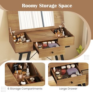 Table de maquillage moderne en bois avec miroir relevable, prise électrique intégrée, gestion des câbles, trous de rangement, bureau compact avec tiroirs - Product Image 4