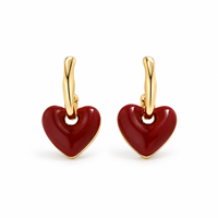 KAVNAR Boucles d'oreilles cœur rouge émail vin laiton doré or 14K vintage