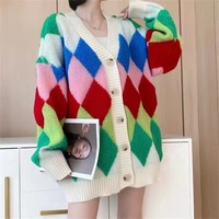 Haut souple pour femmes 2025 nouveau Cardigan à col rond avec motif à carreaux et bloc de couleur chaud lanterne manches broderie décoration