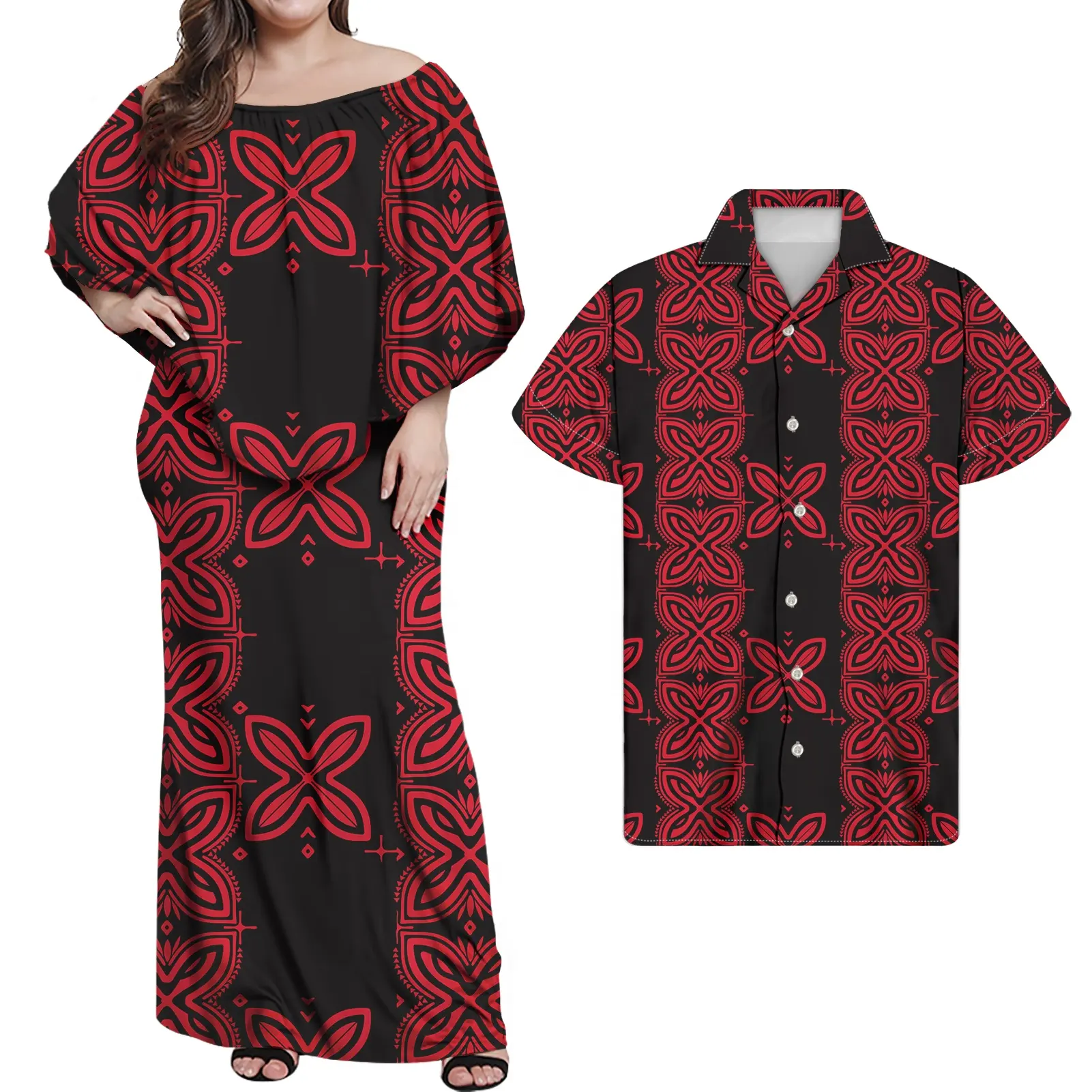 Couple Clothing Womens Evening Dress Match Men's Shirt Print Samoa Dress Red Polynesian Tribal Print Women Sleeveless Dress