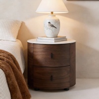 Table de chevet extensible en bois avec plateau en dalle de roche ronde, style minimaliste et pratique, pour petit appartement