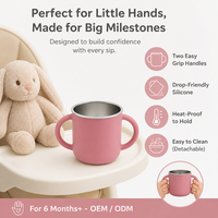 Tasse d'apprentissage ronde en acier inoxydable pour tout-petits, anti-brûlure, à double poignée, avec manchon en silicone, résistante aux chutes, pour lait et eau