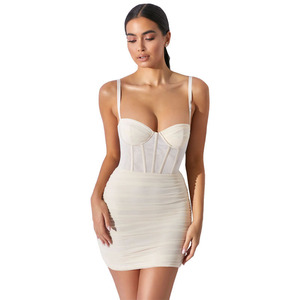 Đầm corset nữ dây spaghetti, kiểu bodycon mini, xếp ly, cổ tim, phối lưới, thích hợp cho dự tiệc, đi chơi, hoặc mặc thường ngày - Product Image 3