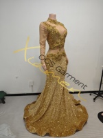 Robe de bal sirène Ocstrade personnalisée à col haut en maille, manches longues, ornée de strass dorés, robes transparentes à paillettes pour femmes, robes de soirée