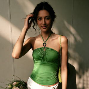 Vintage Dark Green Sexy Cut Out Wooden Button Design Halter Top Summer Vacation Slim Fit Versatile Open Back Top - Product Image 2