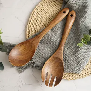 10.2 Inches Salad Mixing Dinner Fork And Spoon Long Handle Salad Servers Set Acacia Wood Serving Spoons Set
