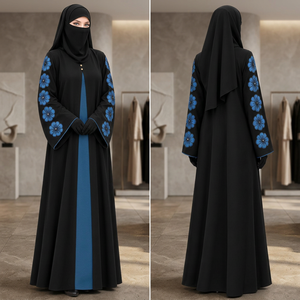 <b>Black</b> Embroidered Abaya with Niqab Blue Floral Stand Collar <b>Long</b> <b>Sleeve</b> Modest Muslim <b>Dress</b> Floor Length - Product Image 5