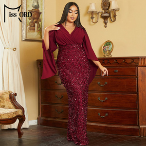 Contrast Color Mermaid Wine <strong>Red</strong> Chiffon <strong>Sequin</strong> Long Elegant Plus Size Evening Dress - Product Image 4