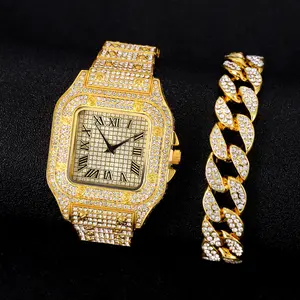 Fashion bling Iced Out Diamond Bracelet Set Quartz Watch Men Diamant Uhr Montre Pour Hommes