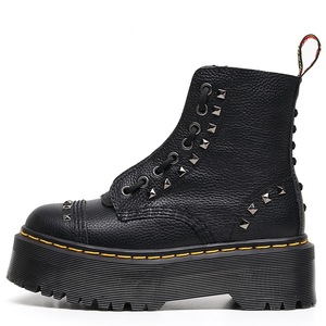 Lace-up double-strap thick-soled 8-hole locomotive <b>boots</b> with front zipper Short <b>boots</b> with top made of lychee-patterned fabric - Product Image 4