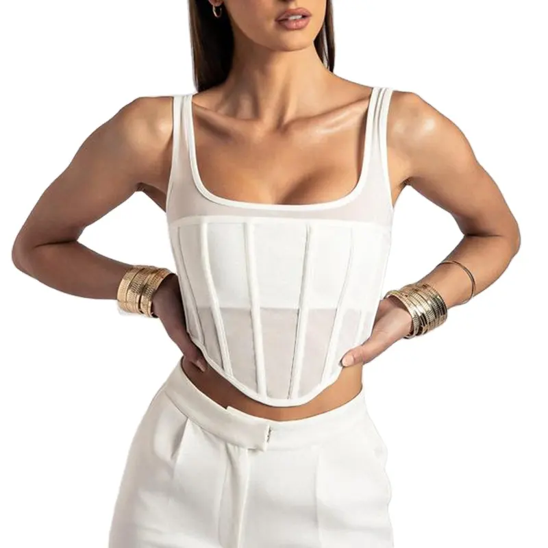 2022 Custom White Top Sleeveless Sexy Clothing Fashionable Mesh Women'S Ladies' Blouses & Tops Bustier Corset Top