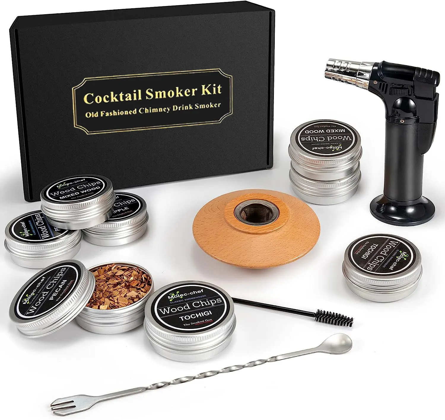 Cocktail Smoker Kit With Torch 6 Flavors Wooden Box Vintage Cocktail Drink Smoke Set