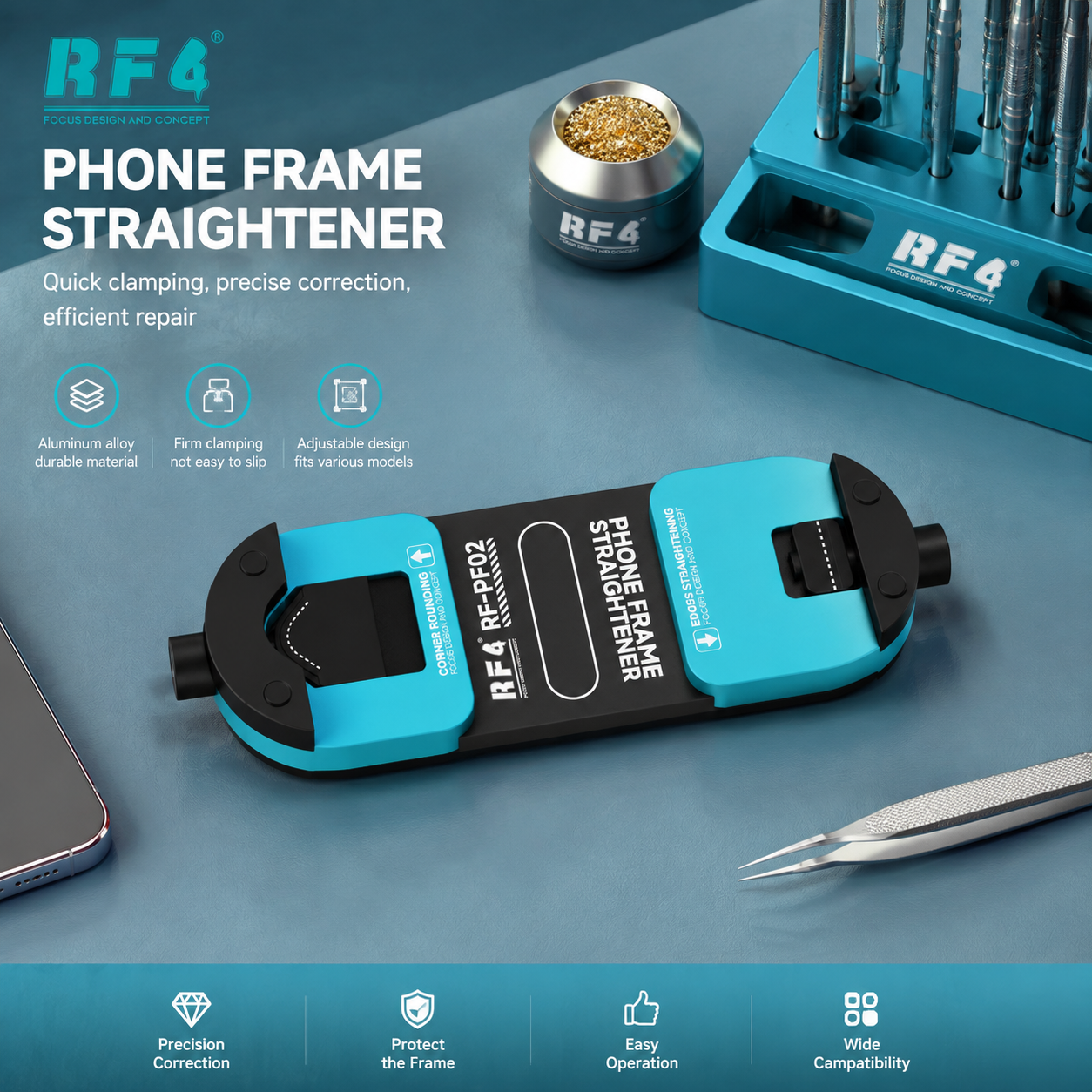 RF4 RF-PF02 <strong>Screen</strong> Frame Aligner, All-Aluminum, Straight & Curved Edge Correction, Non-Deform, for <strong>iPhone</strong> 12-17 Series Repair