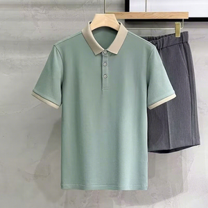 Camicia Estiva <span class=keywords><strong>da</strong></span> Uomo in Seta Ghiaccio a Righe con Colletto a Contrasto in Filo Dorato, Manica Corta, Casual - Product Image 3