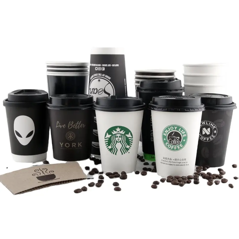 Biodegradable 12oz Paper Coffee Cups Set With Lids Recyclable Hot Drinks Single Ripple Double Wall Disposable Paper Coffee Cup