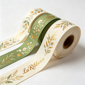 Vietnam Factory-Pink Polyester/Cotton Grosgrain <b>Ribbon</b> 1-1/2 Inch Gold Foil Printed Geometric Pattern Single Face Shrink-Resist - Product Image 1
