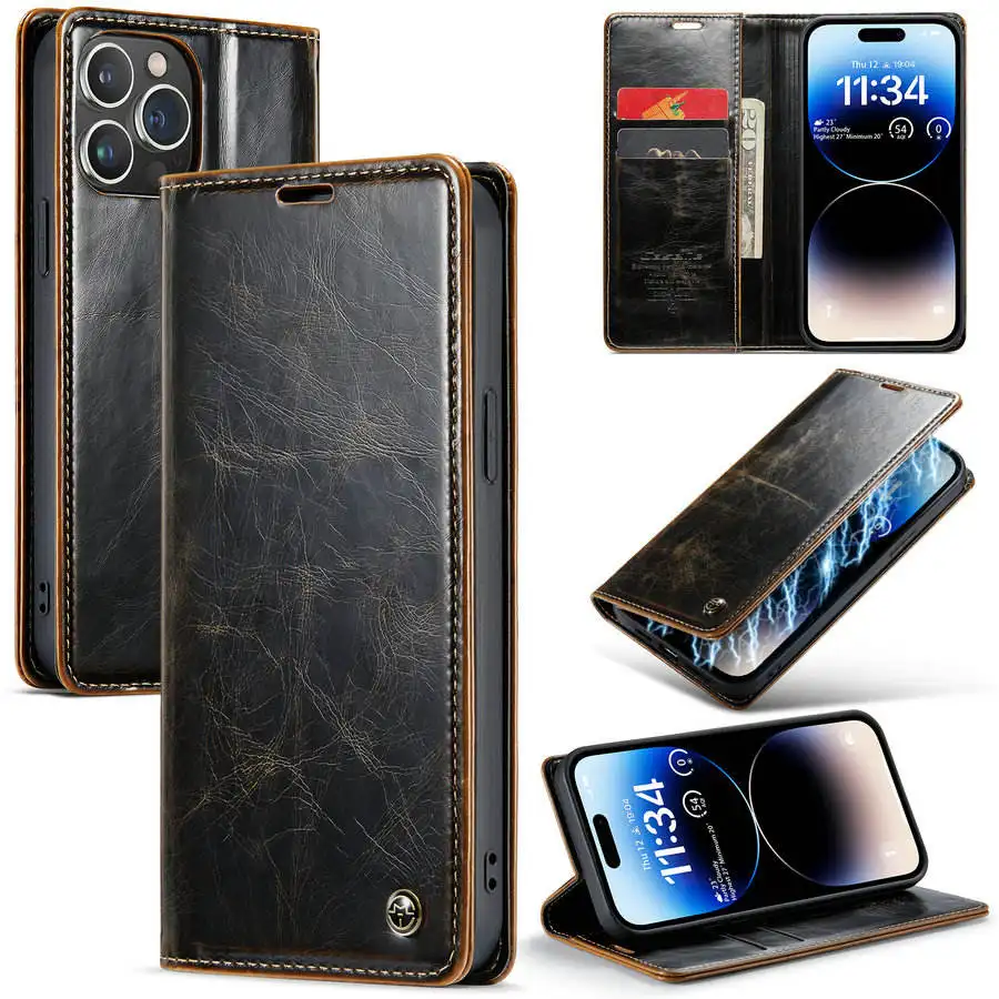 Crazy Horse Case For Iphone 14 Pro Max 13 12 Se 3 7 8 Xs Xr 11 Luxury Wallet Leather Card Cover For Iphone 14 Flip Case