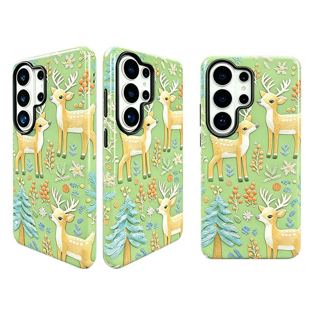 Woodland Embroidery Deer Floral Phone Case for Galaxy Cute Forest Animal Print Shockproof Protective Phone Cover for Women Girls