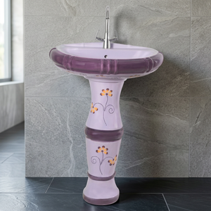 อ่างล้างหน้าเซรามิกดินสีชมพูพร้อมฐานตกแต่งสำหรับห้องน้ำสมัยใหม่ - Product Image 1