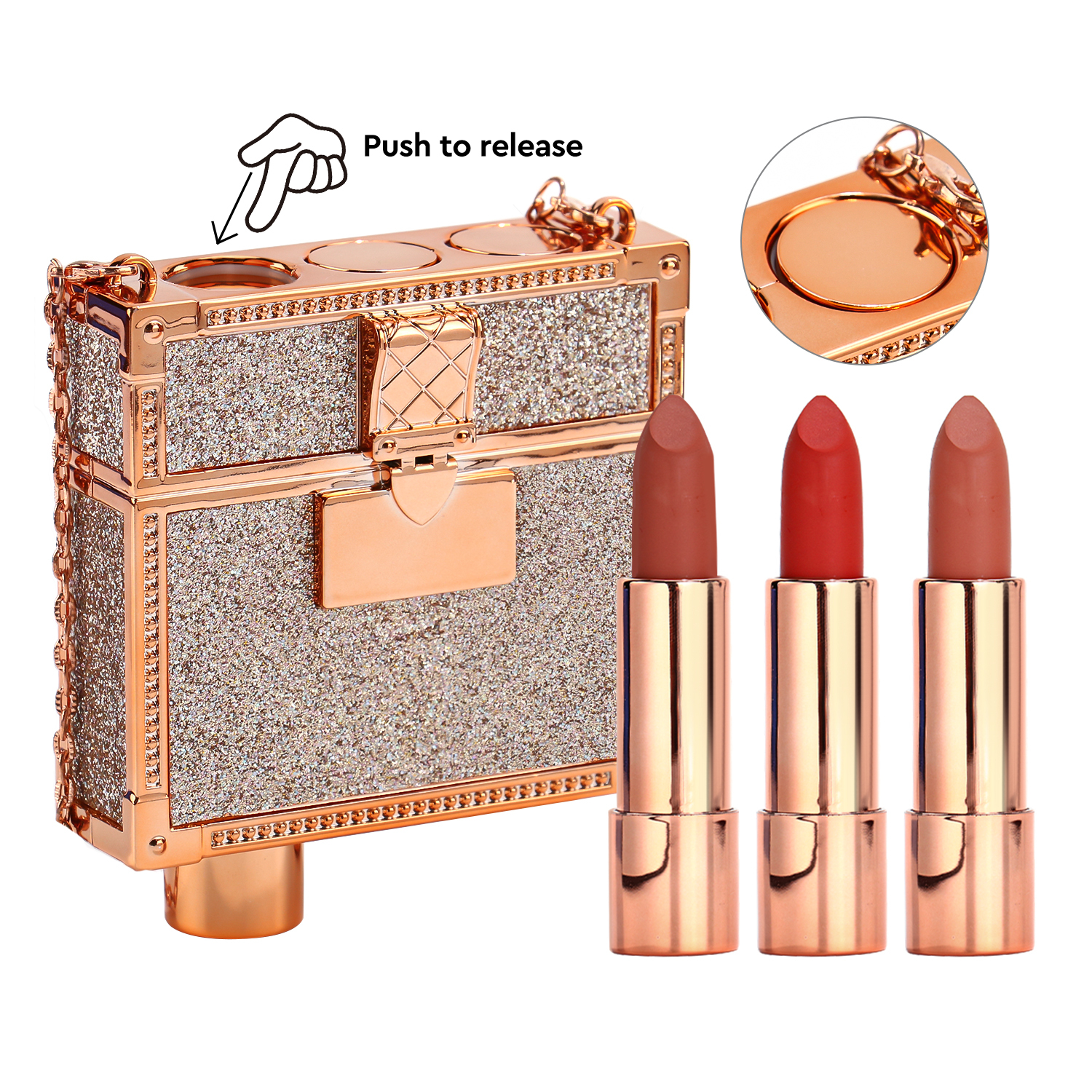 3-Color Matte Lipstick Set with Gold Chain Bag – Private Label Custom Push-Up Lipstick - View 2