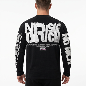 Men's <b>Long</b> <b>Sleeve</b> Oversized Streetwear <b>T</b>-<b>Shirt</b> <b>Black</b> Screen Printed Letter Pattern O-Neck Jersey Fit - Product Image 6